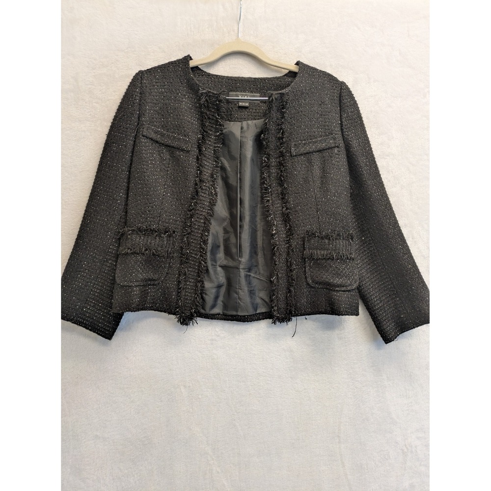 VIKI Women's Black Tweed Cropped Jacket Fringed Pockets Size Small